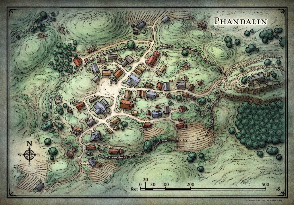 Mapa do vilarejo de Phandalin, ilustrado por Mike Schley.
