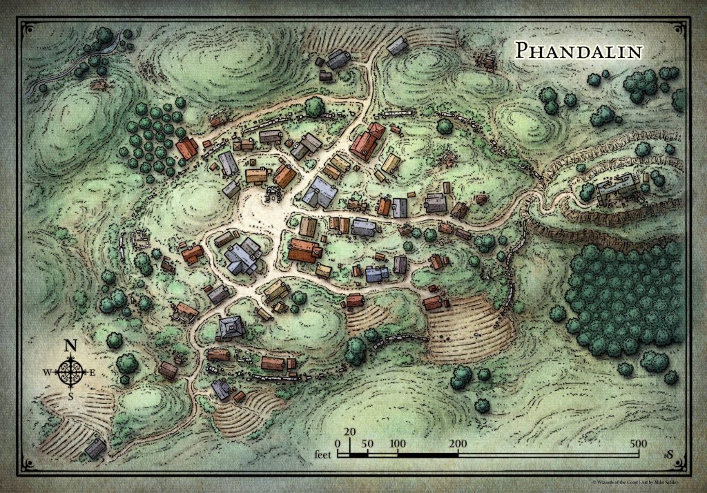 Mapa do vilarejo de Phandalin, ilustrado por Mike Schley.